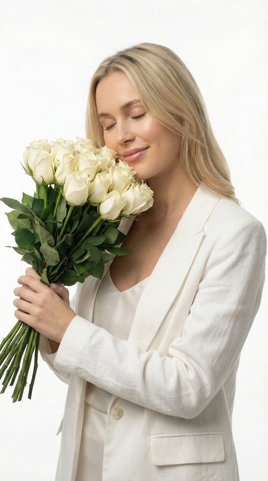 WHITE DREAMS - 24 Premium Rose Bouquet. Stem Length: 50cm (20") Free delivery Montréal, Rive-Nord, Rive-Sud