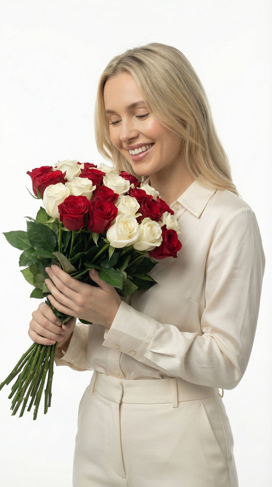RED AND WHITE DREAMS - 24 Premium Rose Bouquet. Stem Length: 50cm (20") Free delivery Montréal, Rive-Nord, Rive-Sud